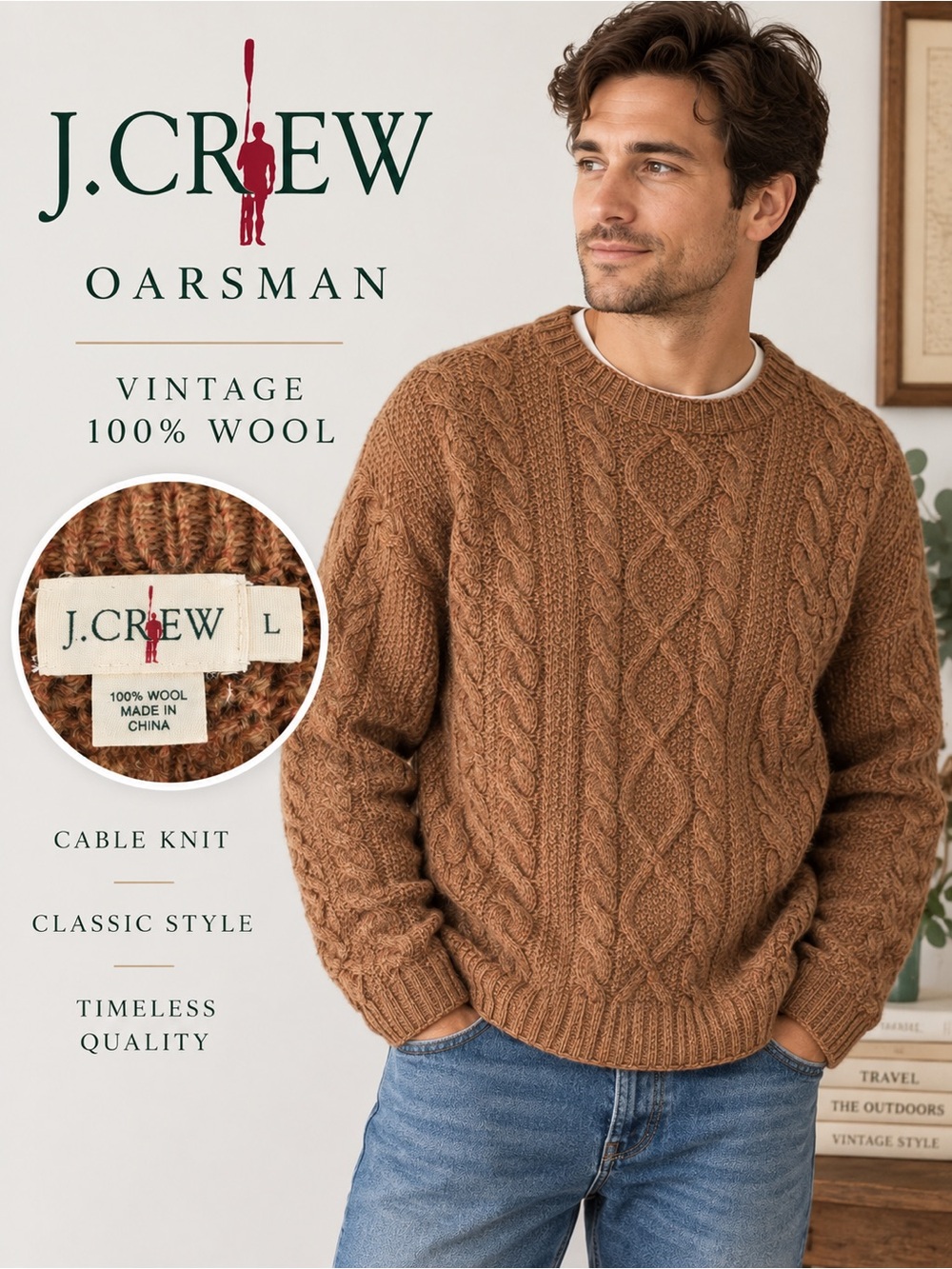 Vintage J.Crew Oarsman Men’s 100% Wool Cable Knit Sweater Brown Size L Fisherman